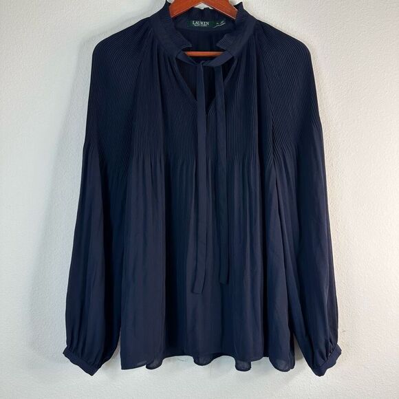 Lauren Ralph Lauren Navy Blue Tie Neck Georgette Top Womens XL Preppy Pleated - Picture 1 of 10